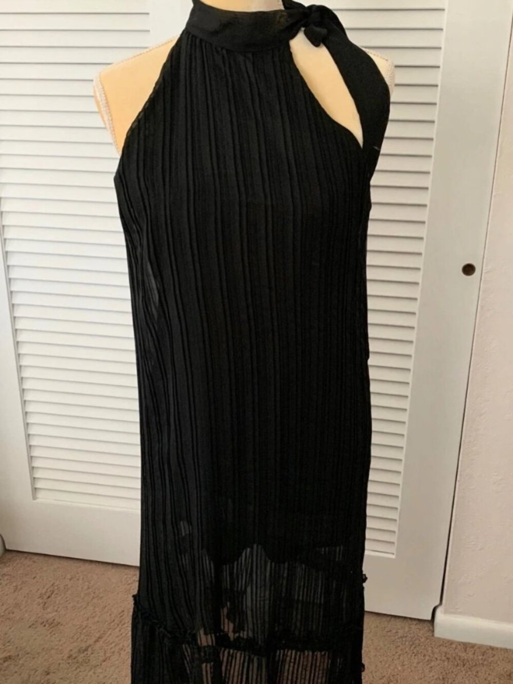 A sleeveless evening dress with black pleated design extending down to the calf.